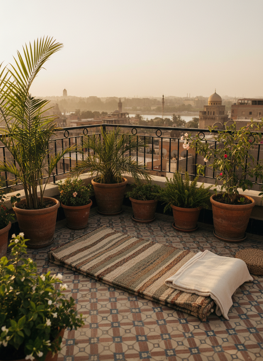 A tranquil corner of a rooftop terrace in Egypt, set up as an outdoor energy healing space. A low, cushioned mat in muted earth tones lies on traditional patterned tiles, with a folded light cotton cover nearby. Terracotta pots with lush green plants frame the scene, and distant city rooftops and a hint of the Nile are softly blurred in the background. Soft sunset light bathes everything in a gentle golden glow, highlighting textures of fabric and clay. The mood is calm, expansive, and subtly spiritual. Photographic realism, shot at eye level with a slight wide angle, allowing the viewer to feel invited into this open-air healing sanctuary.
