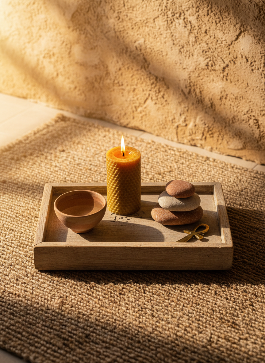 A wide, overhead photographic view of a calm home healing altar in Egypt: a low wooden tray holds a lit beeswax candle, a small ceramic bowl of water, neatly stacked polished stones, and a simple brass ankh charm. Behind, a textured sandstone-colored wall suggests the desert landscape. Warm golden hour light enters from the side, creating long, soft shadows and a gentle glow around the candle flame. The mood is sacred yet practical, reflecting a grounded reiki practice. Photographic realism with balanced composition, the tray centered but with negative space around it to create a sense of openness and spiritual spaciousness.