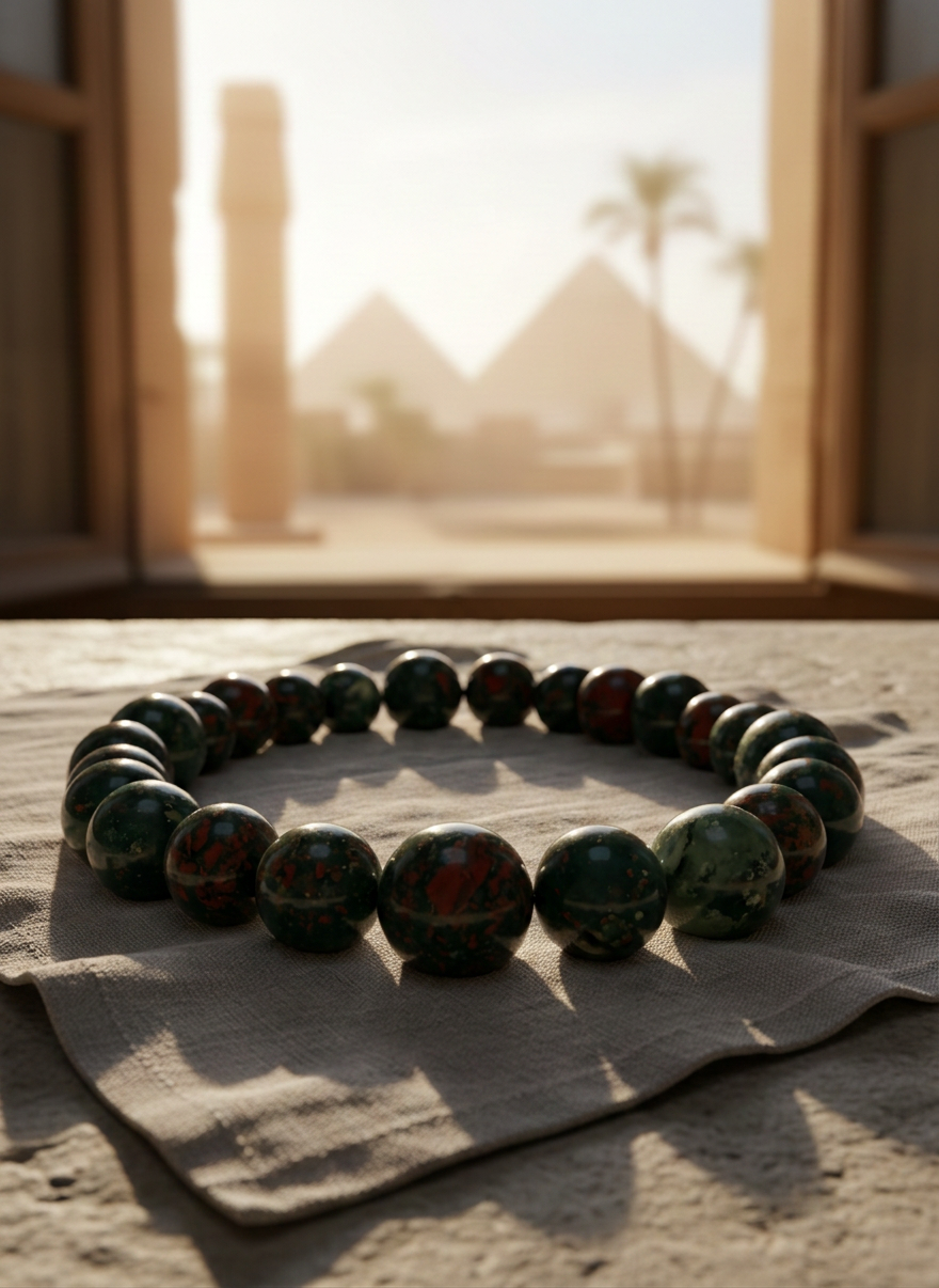 A smooth, rounded cluster of clear quartz and rose quartz crystals arranged in a circular pattern on a natural linen cloth, resting on a light stone surface near an open window. Outside, the faint outline of Egyptian architecture and palm trees is softly blurred. Soft morning sunlight pours in, refracting through the crystals to create subtle rainbow glints and delicate reflections, suggesting gentle energy flow. The atmosphere is peaceful and contemplative. Shot in close-up, photographic realism, with a shallow depth of field so the front crystals are in crisp focus while the background dissolves into creamy bokeh, evoking focused, intentional energy healing work.