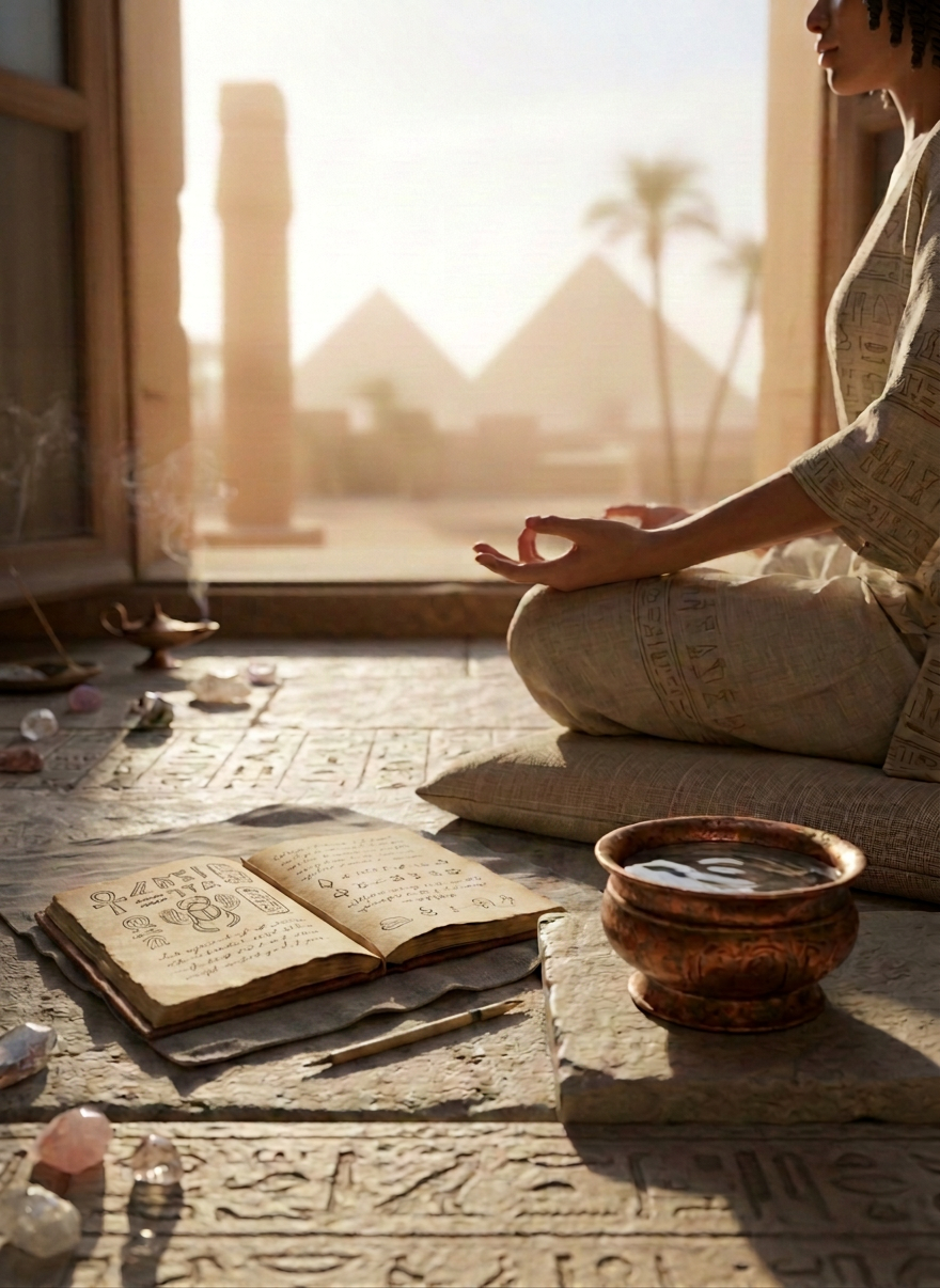 A smooth, rounded cluster of clear quartz and rose quartz crystals arranged in a circular pattern on a natural linen cloth, resting on a light stone surface near an open window. Outside, the faint outline of Egyptian architecture and palm trees is softly blurred. Soft morning sunlight pours in, refracting through the crystals to create subtle rainbow glints and delicate reflections, suggesting gentle energy flow. The atmosphere is peaceful and contemplative. Shot in close-up, photographic realism, with a shallow depth of field so the front crystals are in crisp focus while the background dissolves into creamy bokeh, evoking focused, intentional energy healing work.