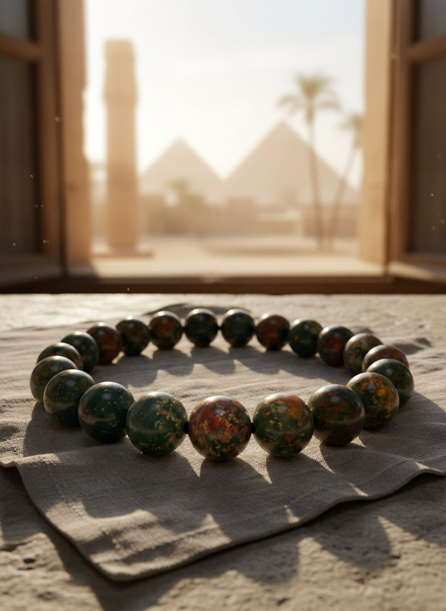 Ancient stone beads with pyramids view Polished multicolored stone beads arranged in a circle on beige cloth with pyramids visible in soft focus outside a window