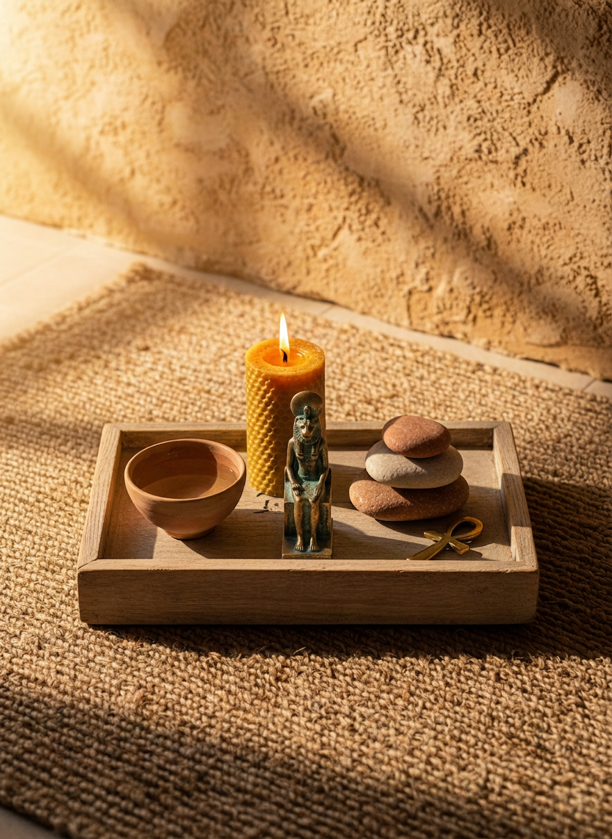 energy healing A wide, overhead photographic view of a calm home healing altar in Egypt: a low wooden tray holds a lit beeswax candle, a small ceramic bowl of water, neatly stacked polished stones, and a simple brass ankh charm. Behind, a textured sandstone-colored wall suggests the desert landscape. Warm golden hour light enters from the side, creating long, soft shadows and a gentle glow around the candle flame. The mood is sacred yet practical, reflecting a grounded reiki practice. Photographic realism with balanced composition, the tray centered but with negative space around it to create a sense of openness and spiritual spaciousness.
