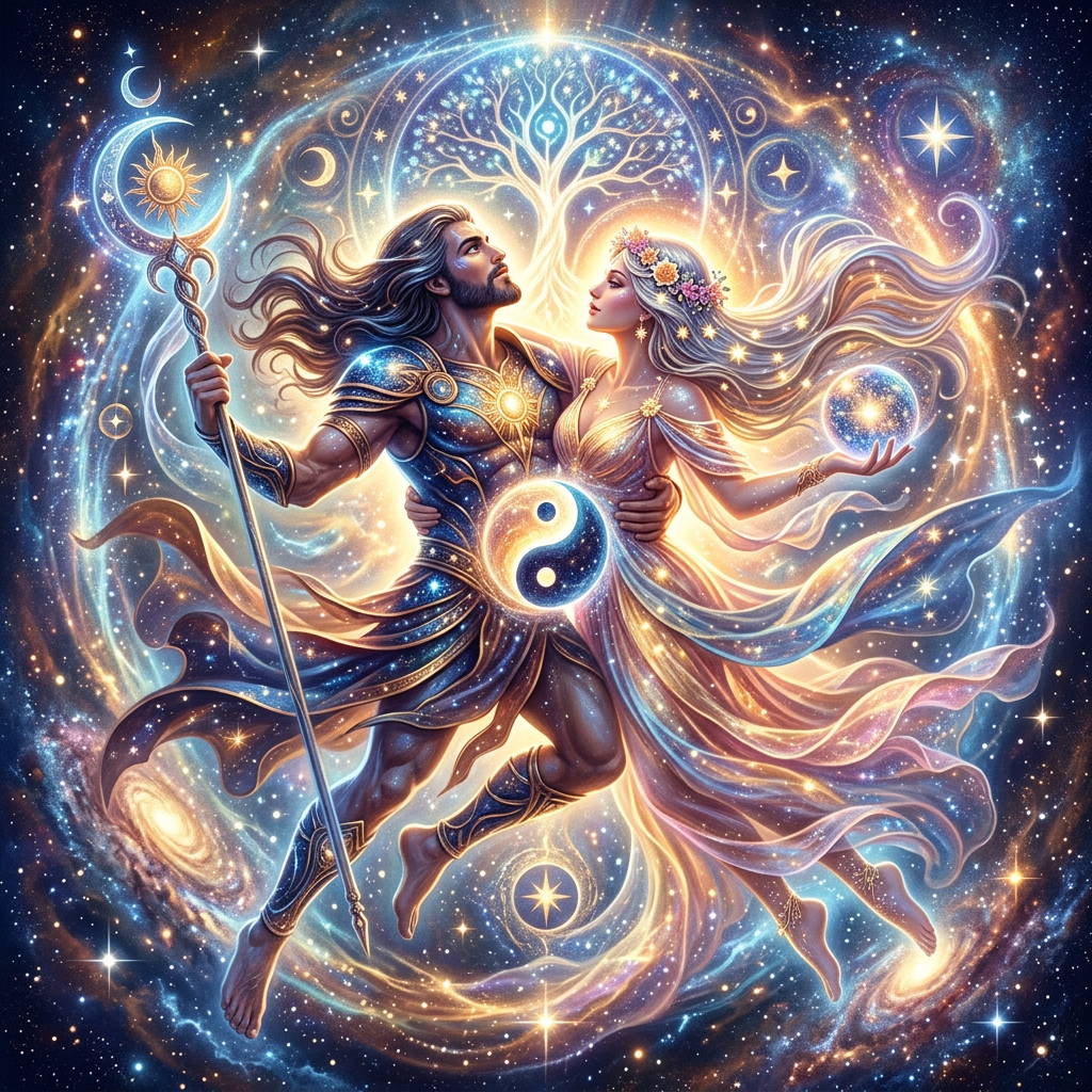 A man and woman floating in space with yin-yang, stars, and celestial symbols around them