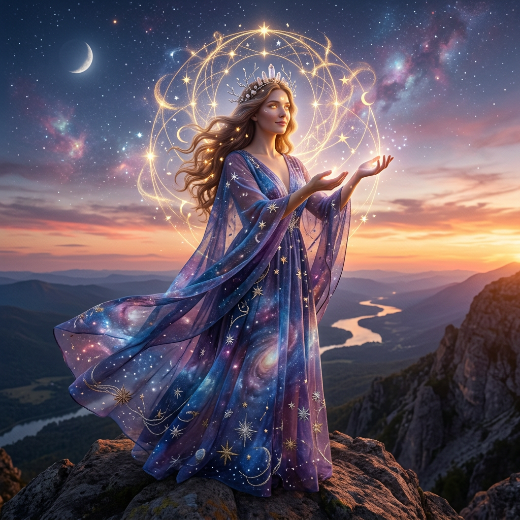 Woman in flowing cosmic robe with stars and planets, standing on mountain at sunset, surrounded by glowing celestial patterns