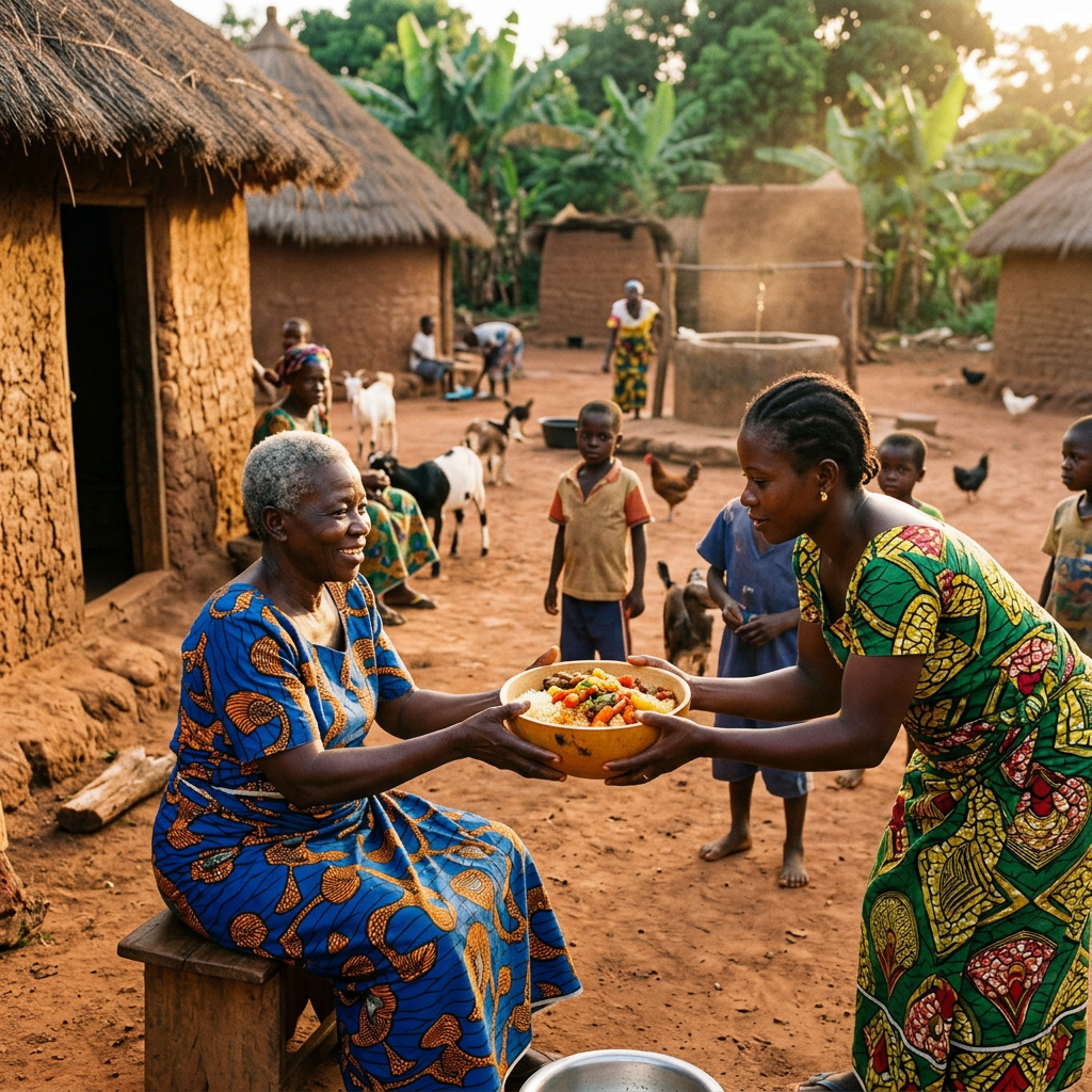 Young woman giving a bowl of food to an elderly woman outside mud huts with children and animals around
