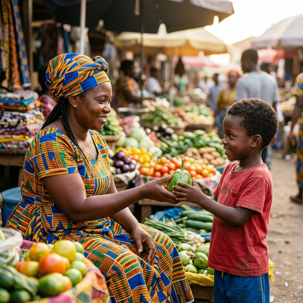 West African woman giving vegetable to boy