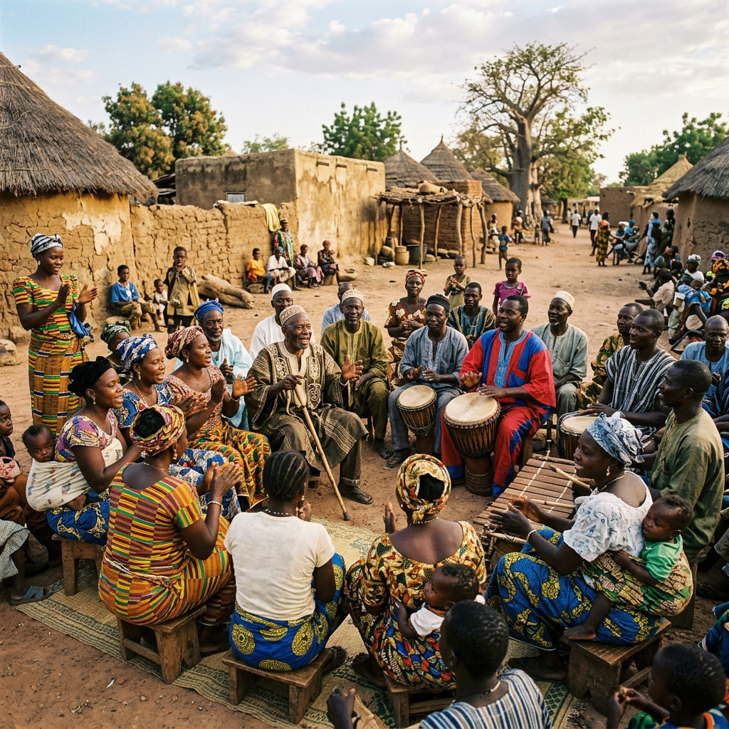 Group of African villagers playing drums, clapping, and socializing outdoors