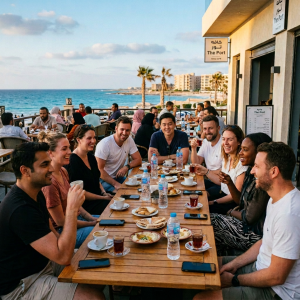 Group of friends sitting at a table outdoors at a seaside cafe, drinking tea and coffee with snacks.